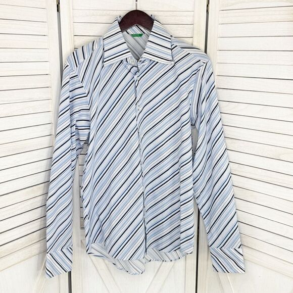 United Colors of Benetton Striped Dress Shirt Blue White Large Button Front - Picture 1 of 13